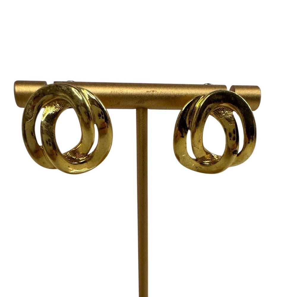 Vintage Monet Gold Tone Interlocking Hoop Hammered Metal Stud‎ Earrings Y2K